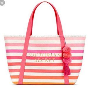 Victorias Secret Canvas Pink Stripe Pom Pom Tote
